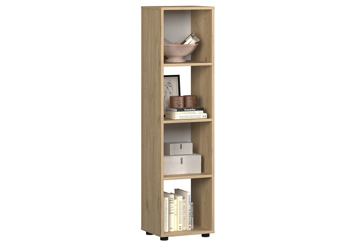 Απεικονίζεται η βιβλιοθήκη γεμάτη με κουτιά αποθήκευσης, βιβλία και διακοσμητικά.